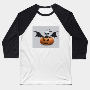 Halloween scary skeleton with bat wings and horror pumpkin Baseball T-Shirt